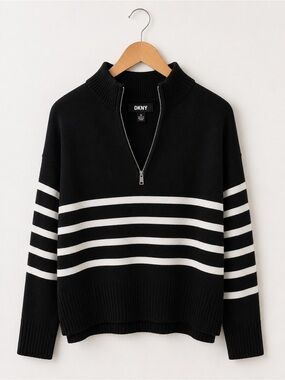 DKNY Women’s Black & White Striped Quarter-Zip Mock Neck Sweater NWT